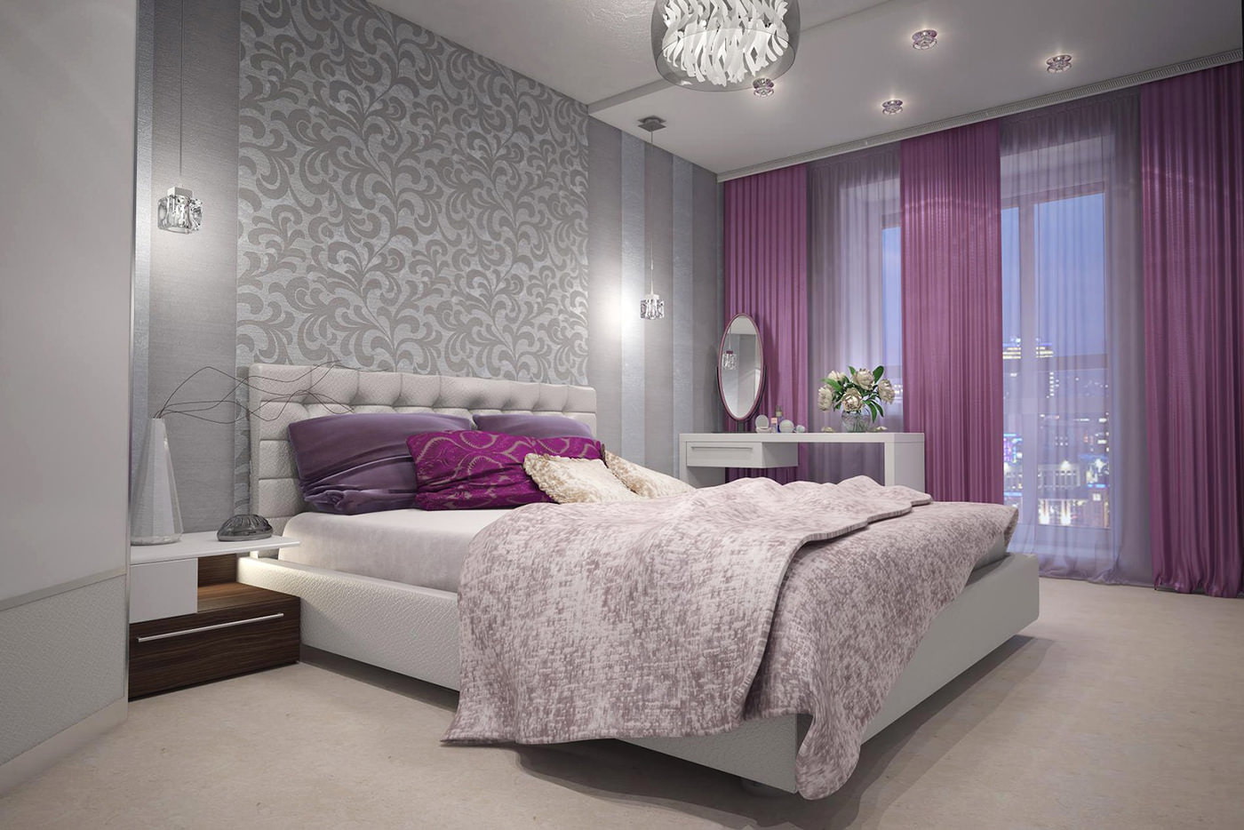 rideaux violets dans la conception de la chambre avec du papier peint gris